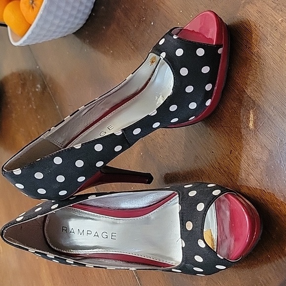 7.5 Rampage black and white polka dot peep toe heels with dark red heel. - Picture 4 of 4